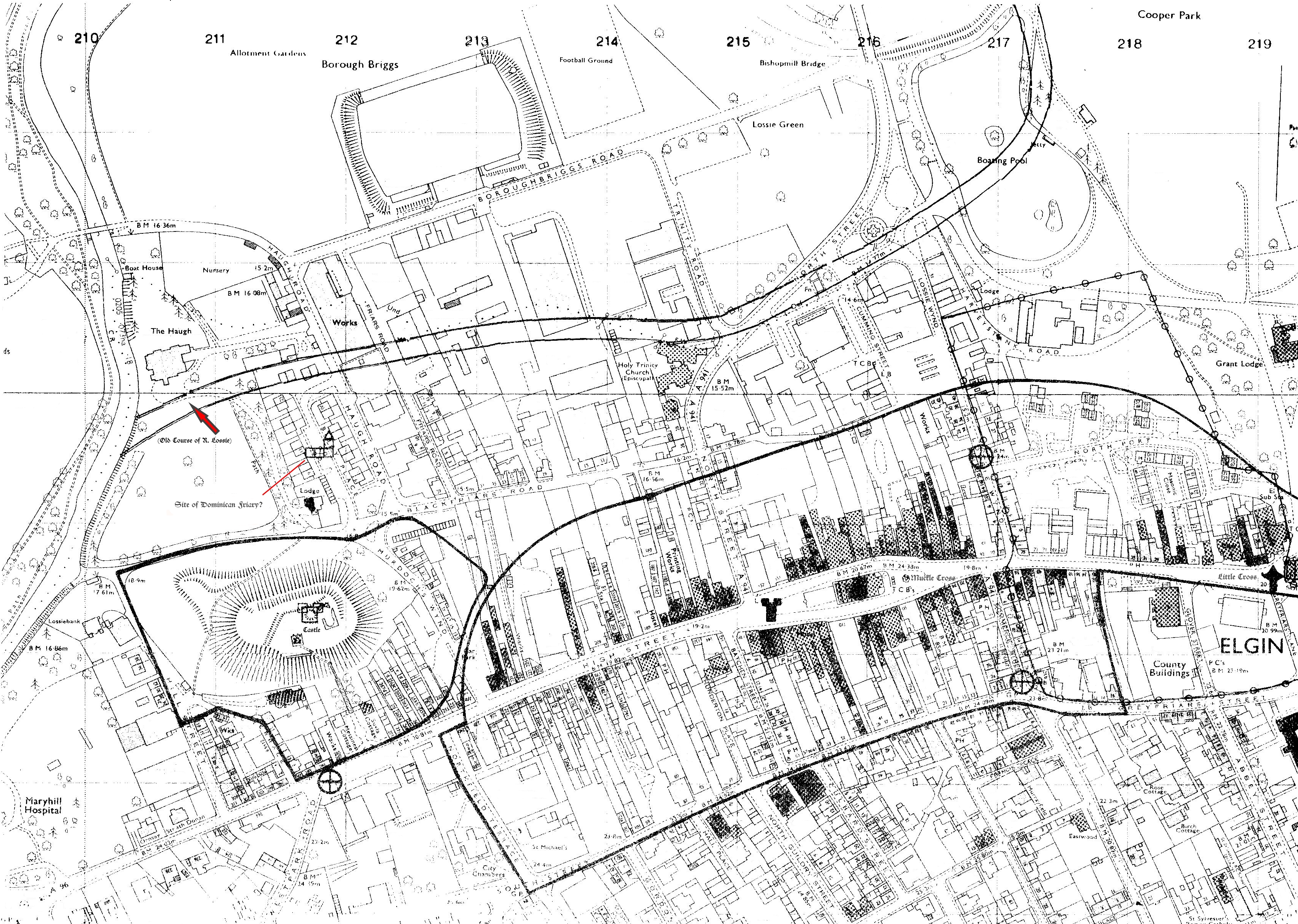 Map showing the old course of the River Lossie (red arrow).